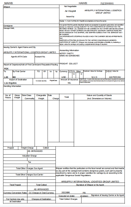 Airway Bill Example