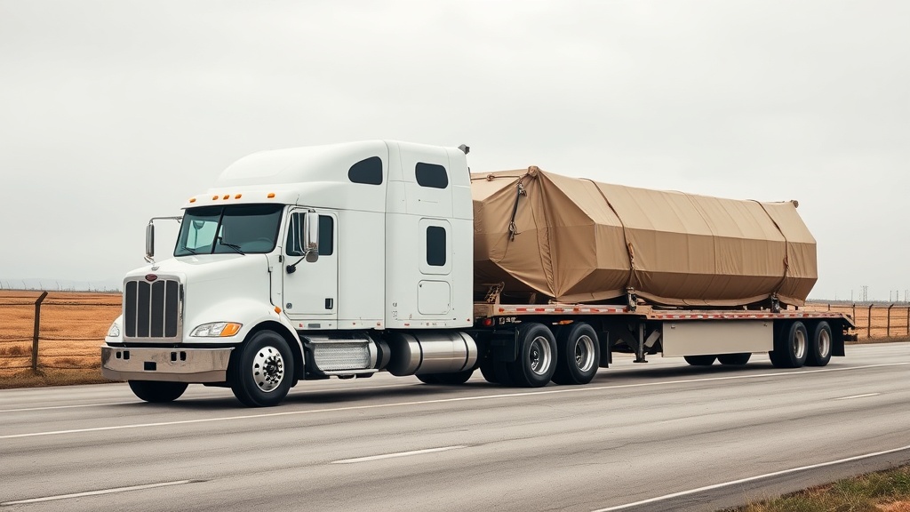 Flatbed trailer hauling tarped oversized cargo for government defense freight